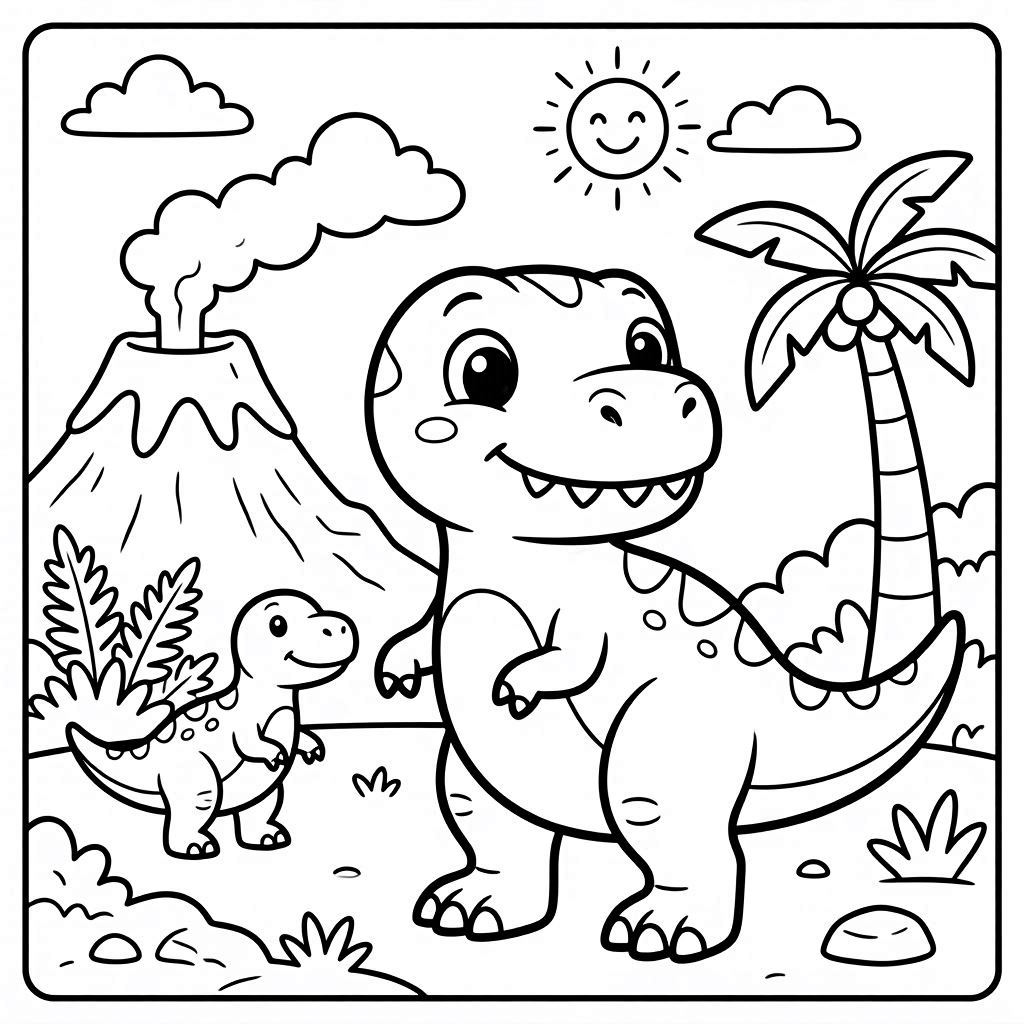 Tyrannosaurus rex and volcano in nature Coloring Page